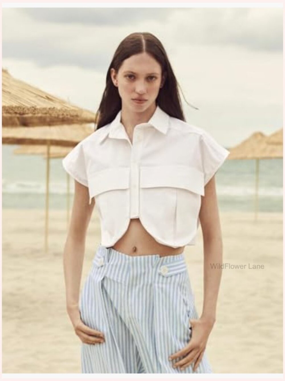 Cropped Button Down Sleeveless Denim Top with Pockets - Picture 3 of 7